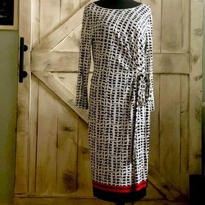 A black and white Anne Klein Dress with a red stripe at the bottom